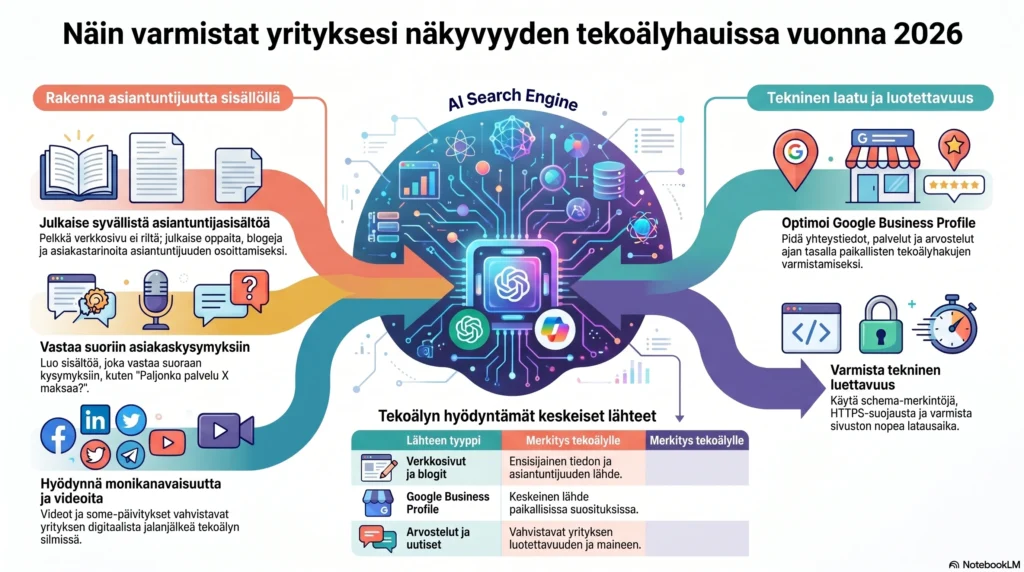 Infografiikka: yrityksen näkyvyys tekoälyhauissa vuonna 2026