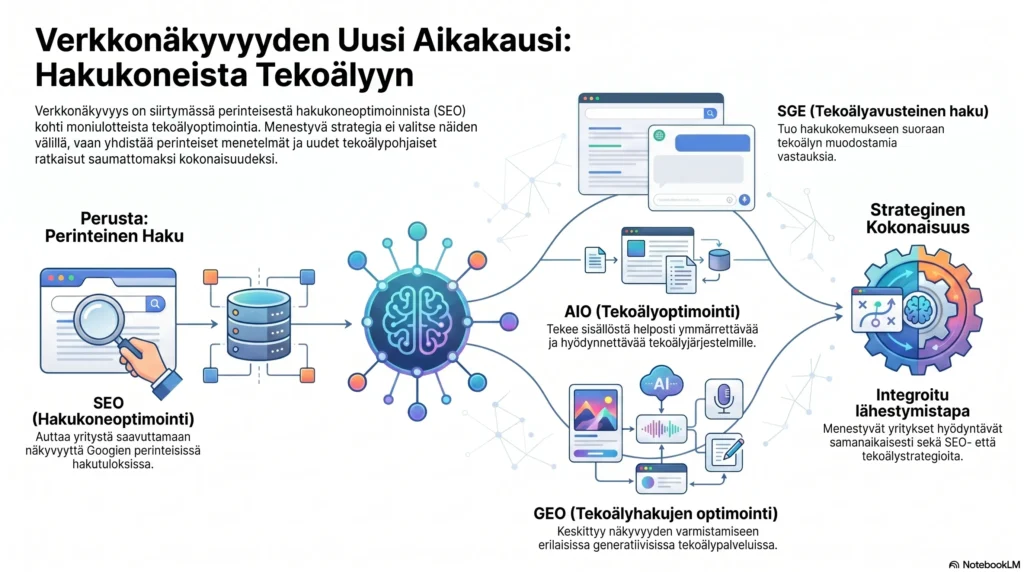 Infografiikka: verkkonäkyvyyden uusi aikakausi – SEO, AIO, GEO ja SGE