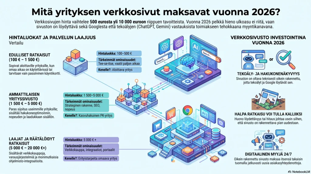 Infografiikka: yrityksen verkkosivujen hinta vuonna 2026