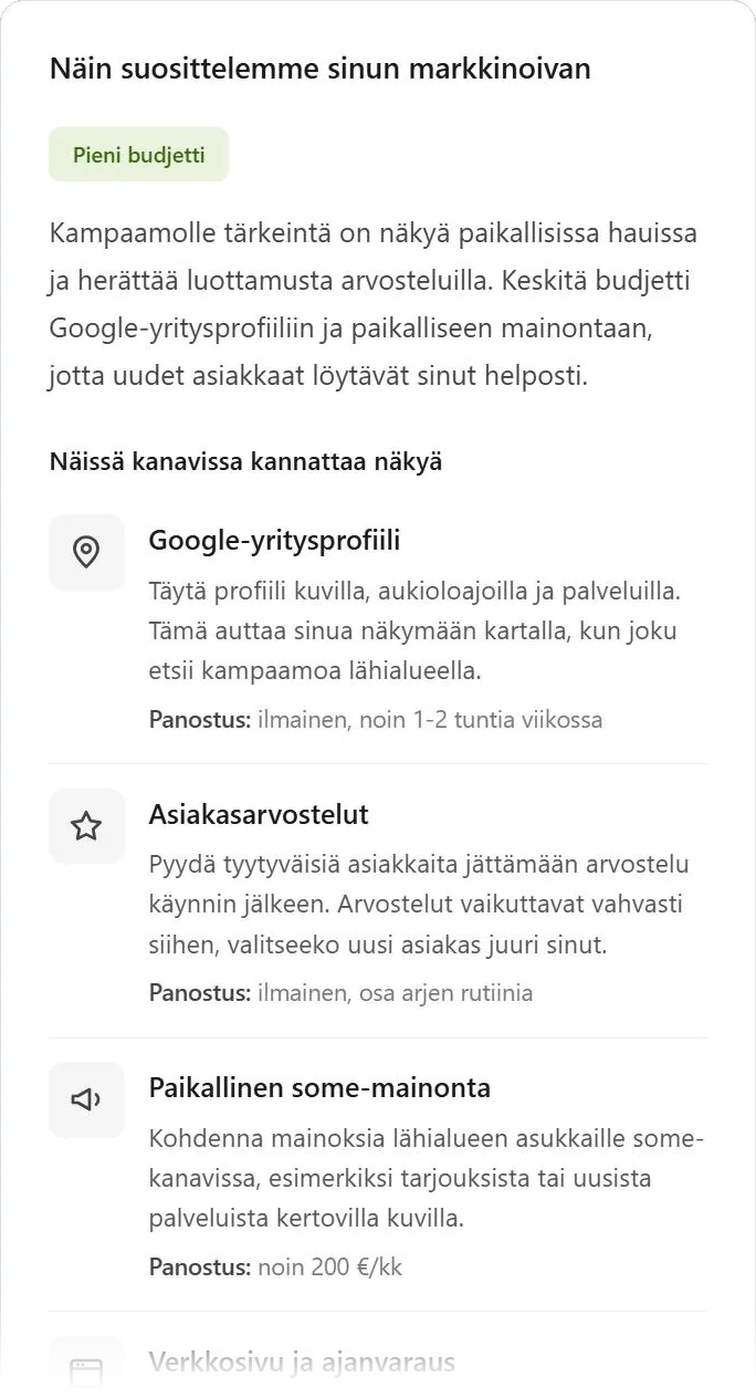 Markkinointibudjetti-simulaattorin suositus kampaamolle 300 euron kuukausibudjetilla. Taso: pieni budjetti. Suositellut kanavat: Google-yritysprofiili (ilmainen), asiakasarvostelut (ilmainen) ja paikallinen some-mainonta (noin 200 €/kk).
